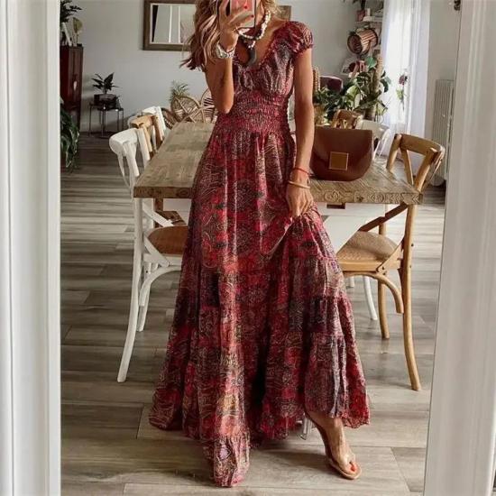 Wine Boho Paisley Print Long Dress    