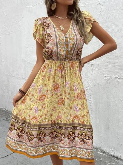 Floral Print Boho Yellow Midi Summer Dress-