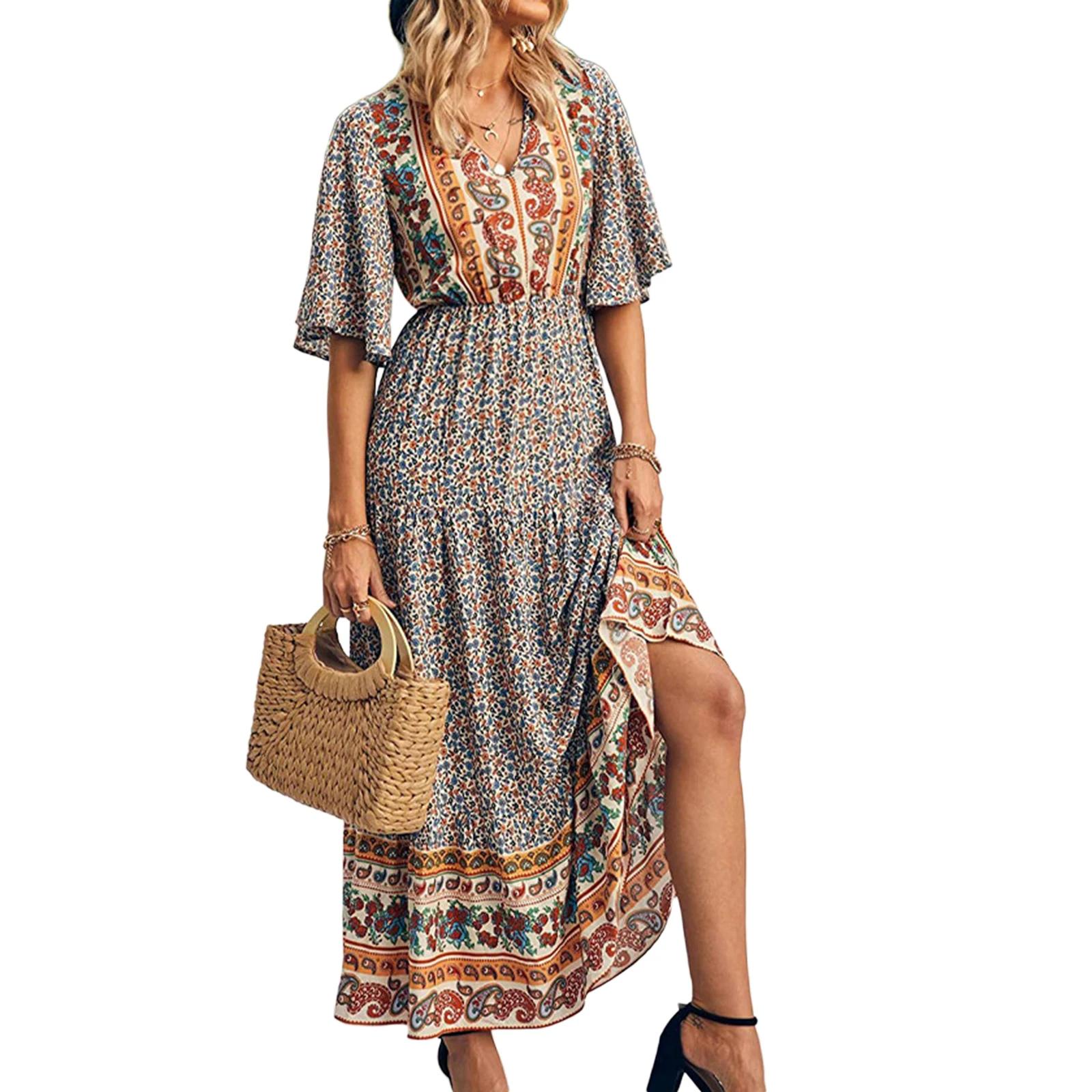 Yellow%20Retro%20Print%20Boho%20Long%20Dress-