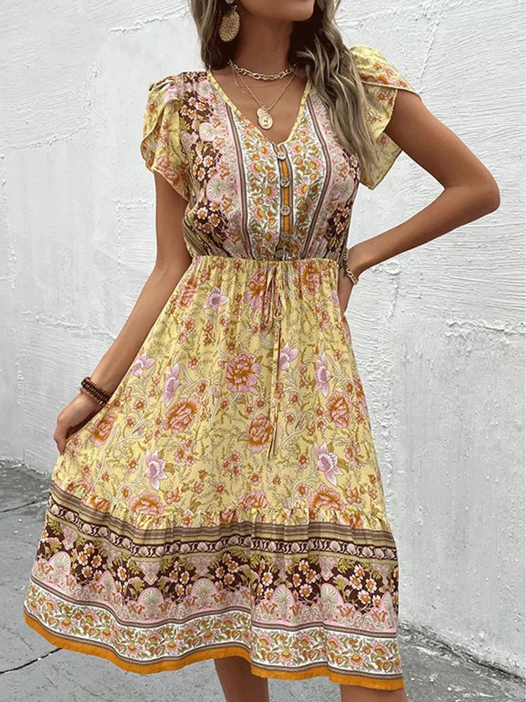 Floral%20Print%20Boho%20Yellow%20Midi%20Summer%20Dress